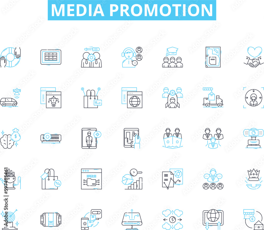 Media promotion linear icons set. Advertising, Broadcast, Publicity, Marketing, Outreach, Promotions, Exposure line vector and concept signs. Awareness,Campaigns,Communications outline illustrations Media promotion linear icons set. Advertising, Broadcast, Publicity, Marketing, Outreach, Promotions, Exposure line vector and concept signs. Awareness,Campaigns,Communications outline illustrations