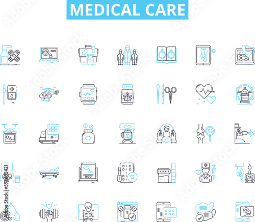 Medical care linear icons set. Diagnosis, Treatment, Prescription, Therapy, Check-up, Surgery, Medical line vector and concept signs. Health,Recovery,Rehabilitation outline illustrations
