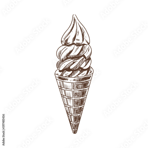 A hand-drawn sketch of a waffle cone with frozen yogurt or soft ice cream. Vintage illustration. Element for the design of labels, packaging and postcards.