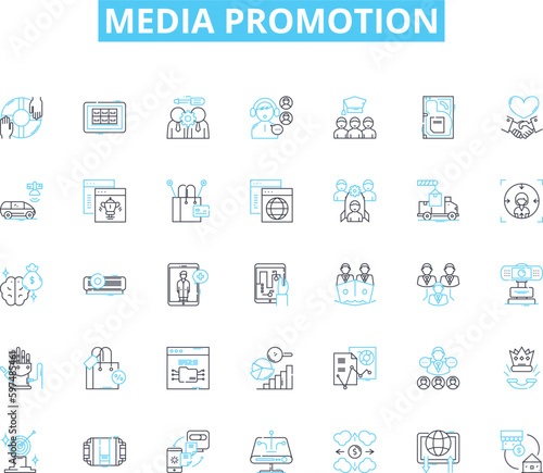 Media promotion linear icons set. Advertising, Broadcast, Publicity, Marketing, Outreach, Promotions, Exposure line vector and concept signs. Awareness,Campaigns,Communications outline illustrations