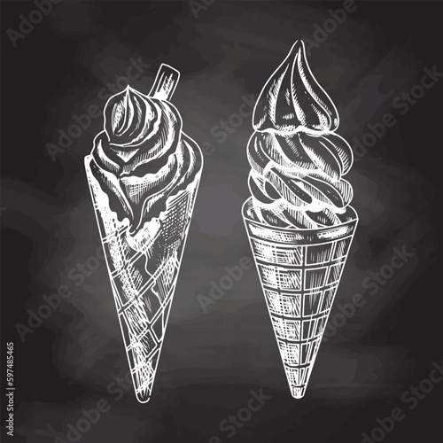 Hand-drawn sketch of a waffle cones with frozen yogurt or soft ice cream isolated on chalkboard background, white drawing. Vector vintage engraved illustration