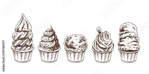 A hand-drawn sketch of ice cream balls, frozen yoghurt or cupcakes in cups. Set. Vintage illustration. Element for the design of labels, packaging and postcards.