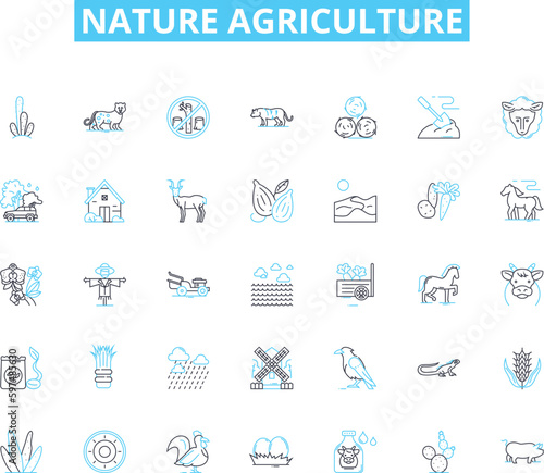 Nature agriculture linear icons set. Soil, Seeds, Harvest, Fertilizers, Irrigation, Cultivation, Livestock line vector and concept signs. Organic,Pesticides,Gardening outline illustrations