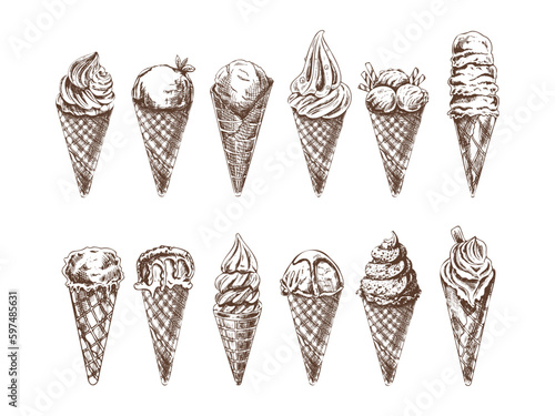 A hand-drawn sketch of a waffle cones with ice cream or frozen yoghurt. Vintage illustration. Set. Element for the design of labels, packaging and postcards.
