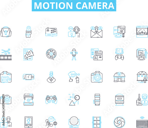 Motion camera linear icons set. Action, Adventure, Waterproof, Durability, Quality, Biking, Hiking line vector and concept signs. Mountaineering,Surfing,Snowboarding outline illustrations