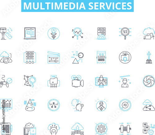 multimedia services linear icons set. Animation, Audio, Branding, Cinematography, Content, Design, Editing line vector and concept signs. Flash,Graphics,Images outline illustrations