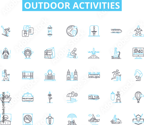 Outdoor activities linear icons set. Hiking, Camping, Fishing, Hunting, Boating, Kayaking, Canoeing line vector and concept signs. Rock climbing,Mountain biking,Horseback riding outline illustrations