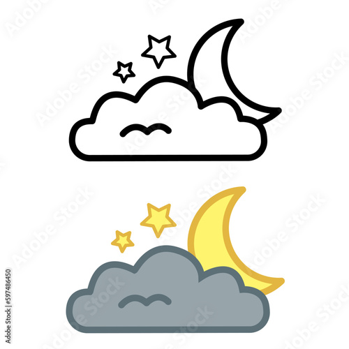 Icons of the Moon Behind the Cloud. Star icons. Night Sky Vector Illustration