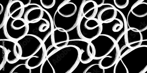 Seamless whimsical abstract hand drawn graffiti scribble pattern or freestyle swirl motif. Monochrome bold white paint strokes texture on black background in a trendy painterly doodle line art style.