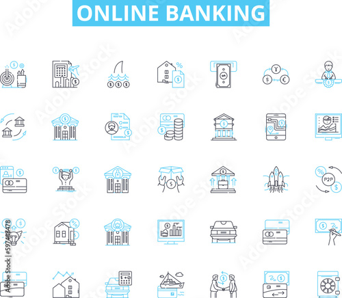 Online banking linear icons set. Secure, Convenient, Accessible, Mobile, Digital, Efficient, Safe line vector and concept signs. Trusrthy,Fast,Reliable outline illustrations