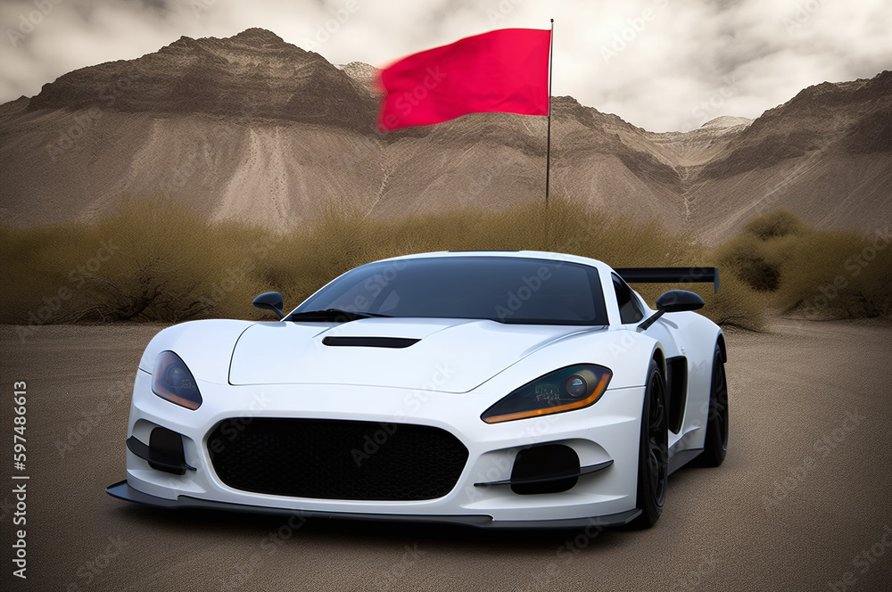 Naklejka premium Race car driver speeding through desert landscape