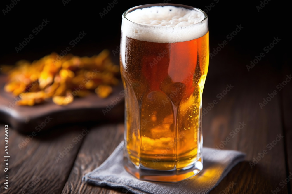 Beer in a glass on a wooden table on a cloth Beer in a glass on a wooden table on a cloth