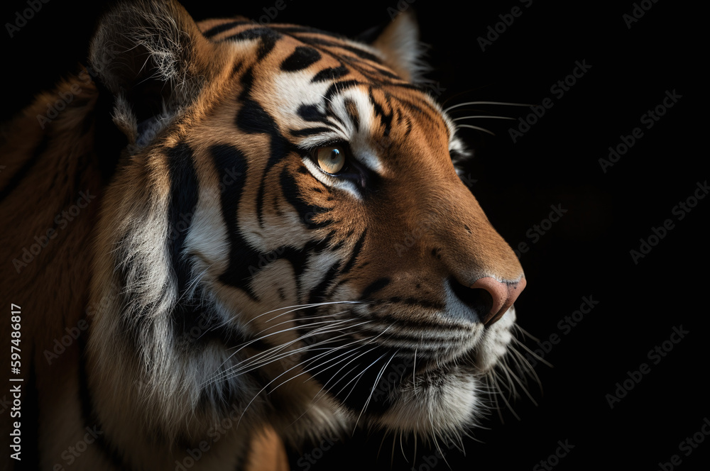 Majestic tiger close up profile view on black background Majestic tiger close up profile view on black background
