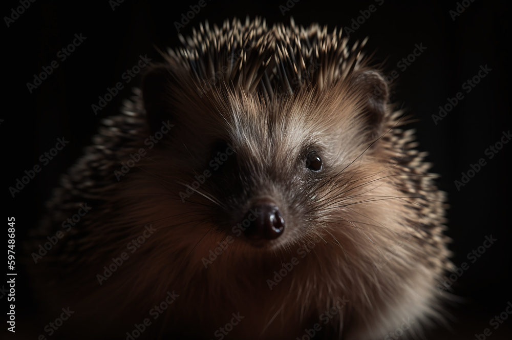 Fototapeta premium Hedgehog in the dark looking at the camera