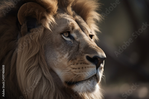 Lion close up portrait with side view