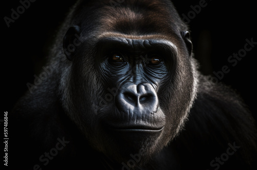 Gorilla portrait in the dark looking at the camera 