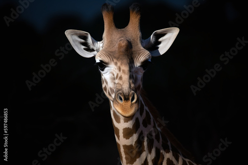  A beautiful giraffe looking to the camera with a black background