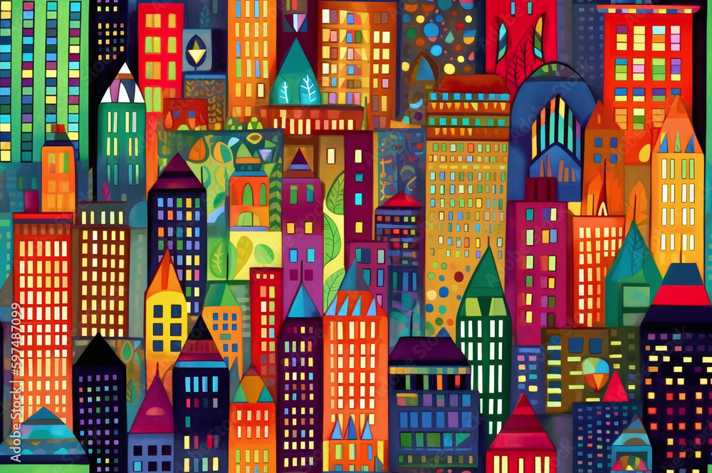 Vibrant cityscape with colorful buildings pattern