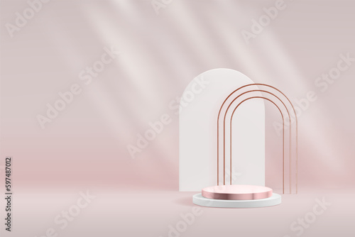 Metallic product podium background with tripple pink gold and white arch. Premium abstract vector showcase template photo