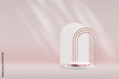 Metallic product podium background with tripple pink gold and white arch. Premium abstract vector showcase template