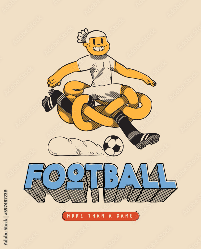 Football player with long noodle shaped legs running with a soccer ball. Football vintage typography silkscreen t-shirt print vector illustration.