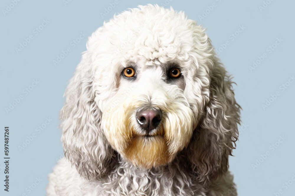 Cute poodle looking at camera on a soft baby blue background Cute poodle looking at camera on a soft baby blue background