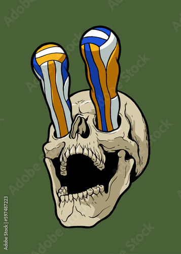 Volleyball skull. Human skull with volleyballs popping out of the eyes. Isolated volleyball vector illustration.