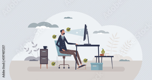 Ergonomics for remote work and correct seat position tiny person concept. Computer chair height for spine, back and neck problem prevention vector illustration. Working from home in healthy furniture