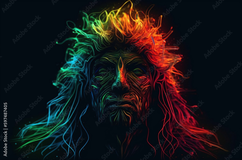 Psychedelic digital shaman portrait with long hair on black background