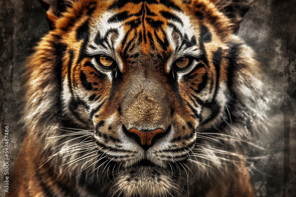 Fototapeta premium Tiger face closeup with grungy background and fierce expression