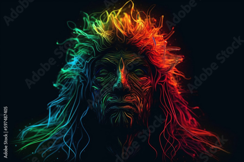Psychedelic digital shaman portrait with long hair on black background