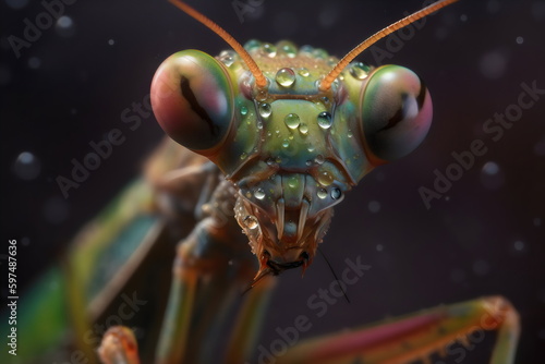 photorealistic macro praying mantis face with morning dew drops, made with generative ai  © Ricky