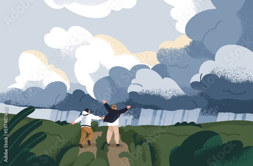 Weather change from rain, rainy clouds to clear sky with sun. Happy people in nature landscape, back view, walking with joy after shower, rainfall, cloudy heaven on horizon. Flat vector illustration