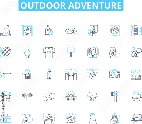 Outdoor adventure linear icons set. Hiking, Camping, Rafting, Zip-lining, Mountain biking, Climbing, Kayaking line vector and concept signs. Hunting,Fishing,Safari outline illustrations