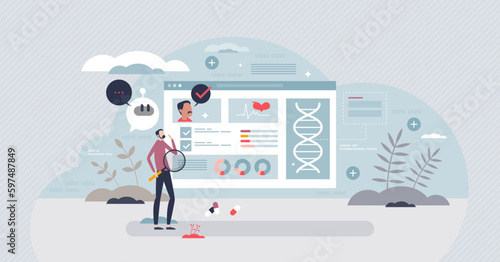 Big data in healthcare as diagnosis and monitoring info tiny person concept. Analyzing health status and hospital information about patient genetic and DNA files vector illustration. Body checkup.