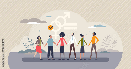 Gender equality and same rights for male and female tiny person concept. Fairness, justice and solidarity for all community groups vector illustration. Symbolic social support and sex diversity.