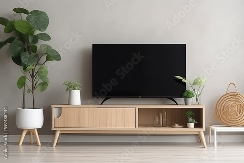 Television put on tv stand wood table, in minimal empty space livingroom room background white wall AI Generative