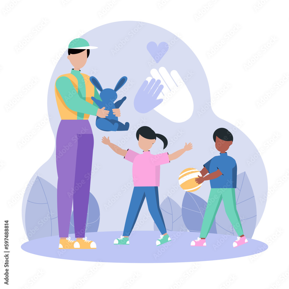 Obraz premium Childcare worker entertaining two siblings outdoors