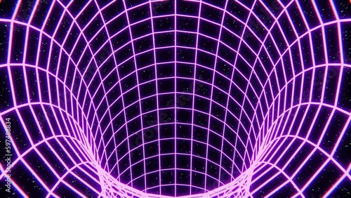 Abstract background purple pink matrix tunnel made of neon glow hi-tech sci-fi futurisctic retrowave energy lines in dark space with shining stars. 4k video, 3d motion design, motion graphics photo