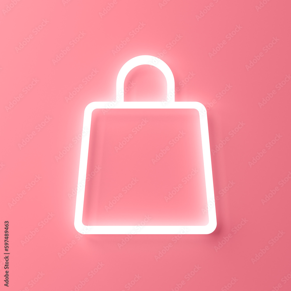 Blank neon light shopping bag icon isolated on pink pastel color wall background with shadow minimal conceptual 3D rendering Blank neon light shopping bag icon isolated on pink pastel color wall background with shadow minimal conceptual 3D rendering