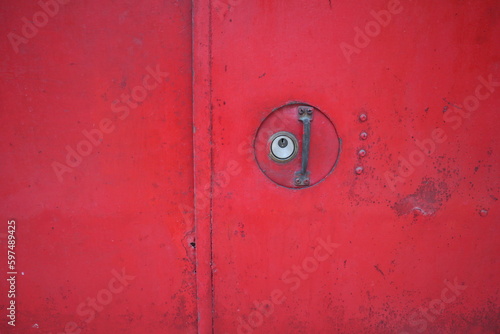 red door with door lock and doorknob design for security concept