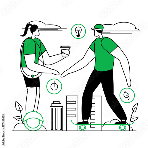 Illustration of faceless couple riding skateboard and gyroscope