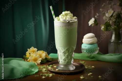 A green milkshake with a green and white striped straw sits on a table next to a cup of green tea. Generative Ai