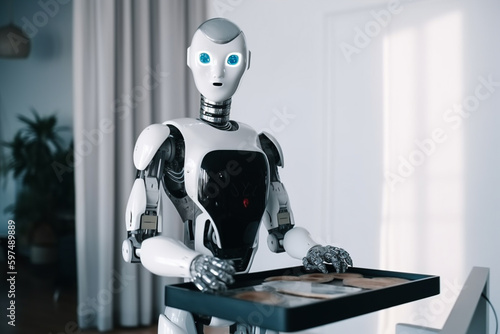 Humanoid cyborg robot powered by artificial intelligence with food tray. Concept of home or restaurant assistant worker, future technology..