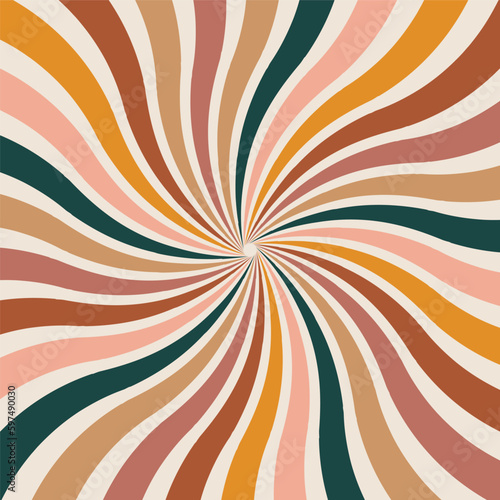 Twisted retro sun burst background, 70s Style, groovy aesthetic. The warm color palette, vector illustration 