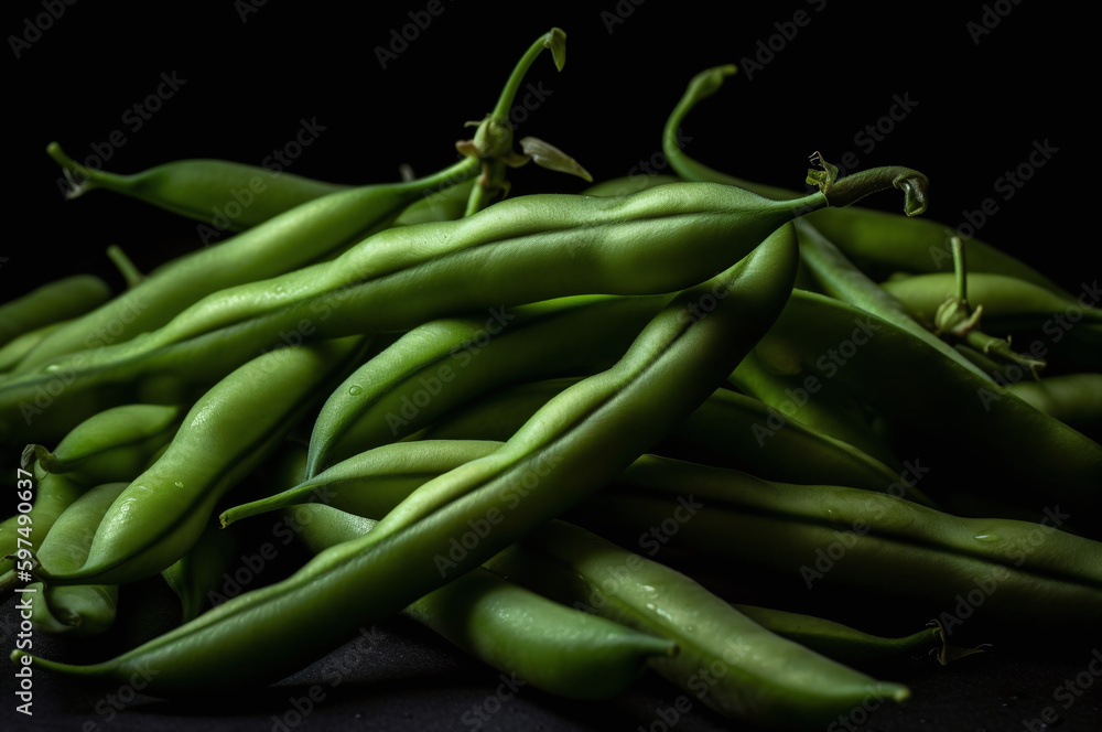 Green beans on table top on black background Green beans on table top on black background