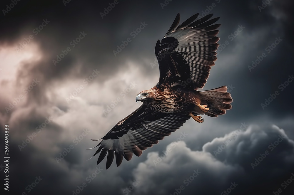 Fototapeta premium Hawk flying in the stormy sky