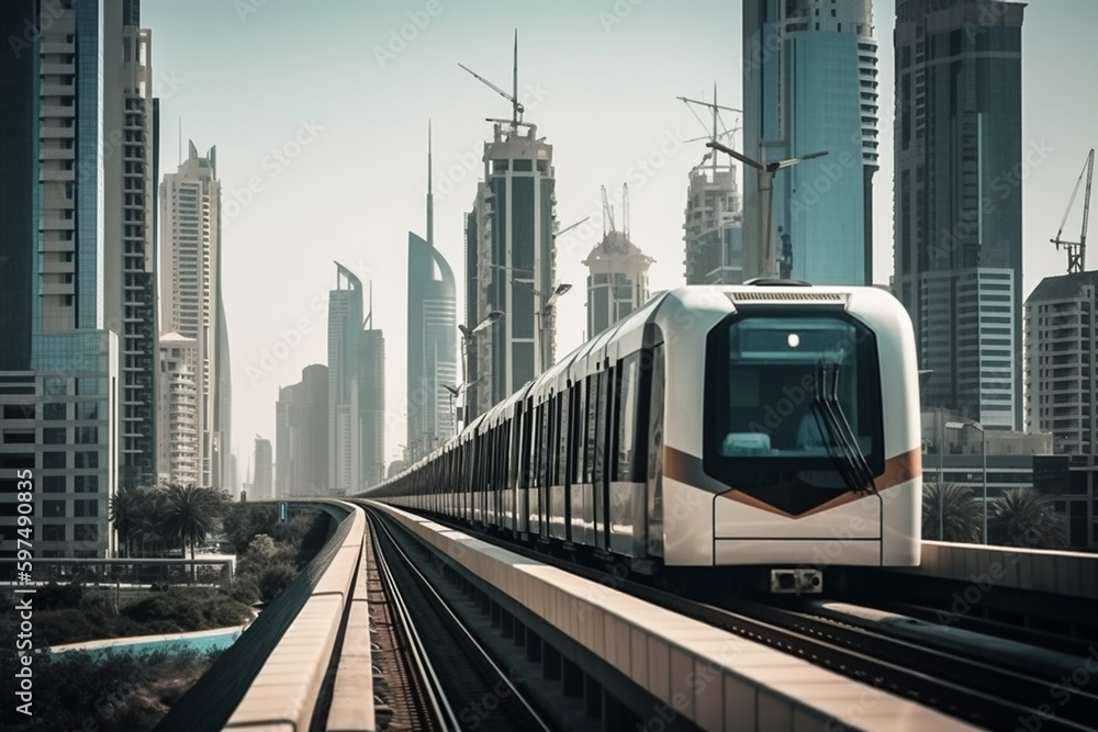 Naklejka premium Metro in Dubai, UAE. Public transport with skyscrapers and city skyline in background.