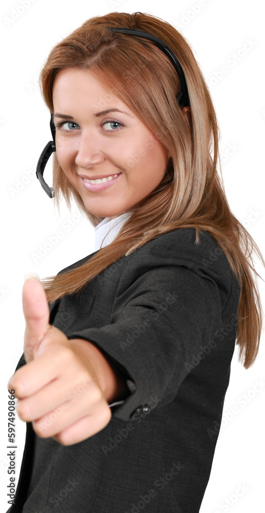 A customer service representative wearing a headset and giving a thumbs up A customer service representative wearing a headset and giving a thumbs up