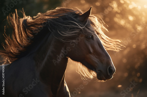 Horse in motion with sunlit mane